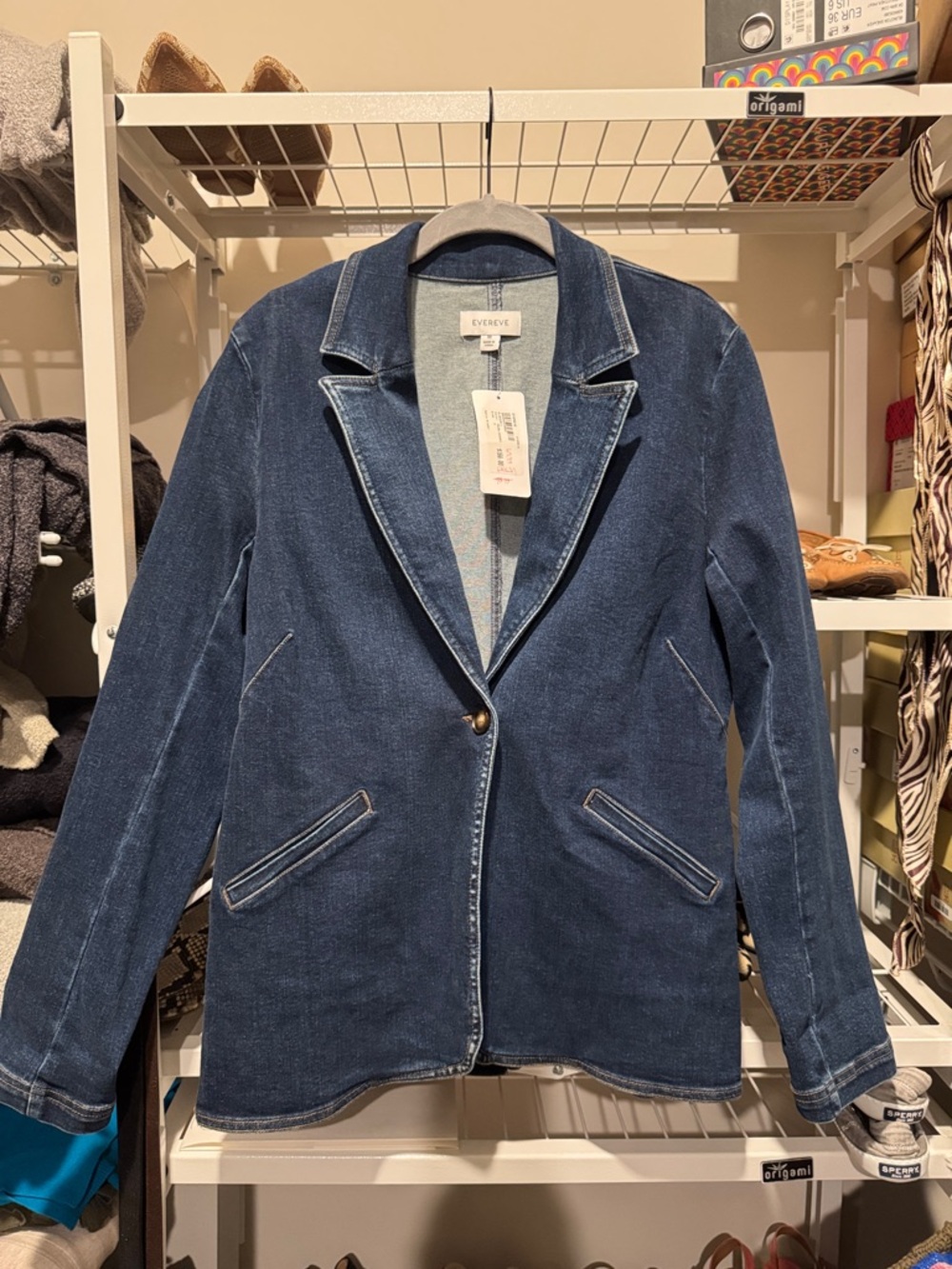 Evereve Dark Blue Denim Blazer Jacket with Notch Lapel